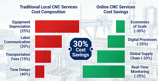 Are local CNC services too expensive Online solutions can save you 30% in time and costs. 1 Comparative analysis of cost structure between local and online CNC machining services, showing 30% savings through digital transformation and supply chain optimization.