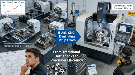 Mastering 5-Axis CNC Technology: Solving Complex Part Challenges for Indian Manufacturers 1 Comparison between traditional 3-axis CNC machining with multiple setups and errors versus modern 5-axis CNC technology enabling single-setup precision for complex parts, showcasing efficiency gains for Indian manufacturers.